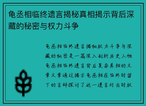 龟丞相临终遗言揭秘真相揭示背后深藏的秘密与权力斗争